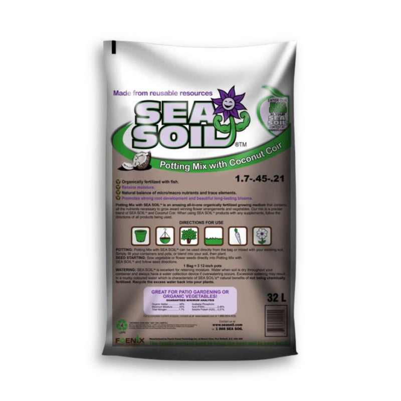 Bag of Sea Soil potting mix with coconut coir on a white background